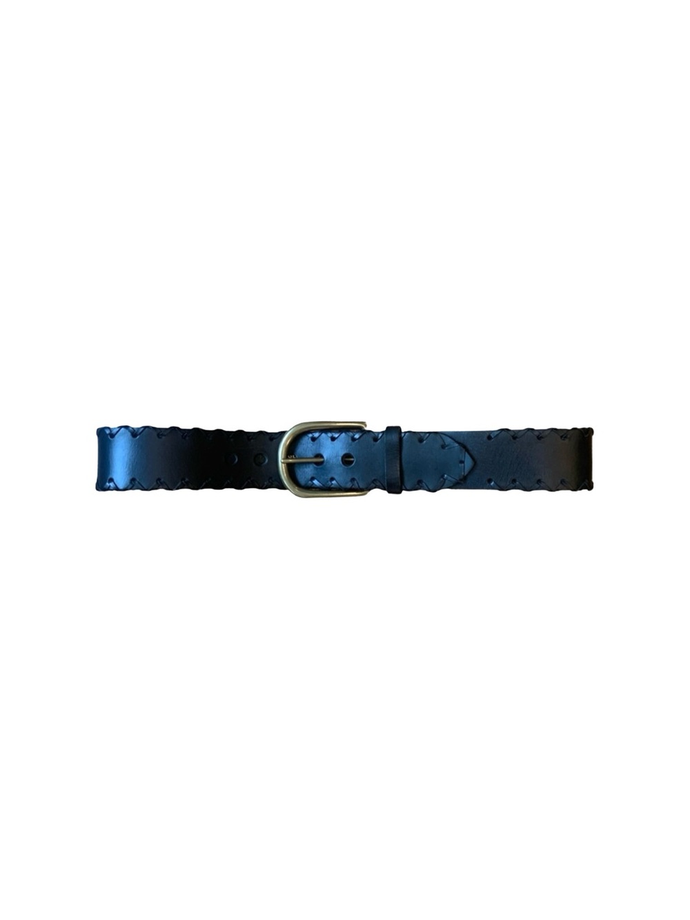 Black leather whipstitch woman's belt with brass buckle. 37" strap.